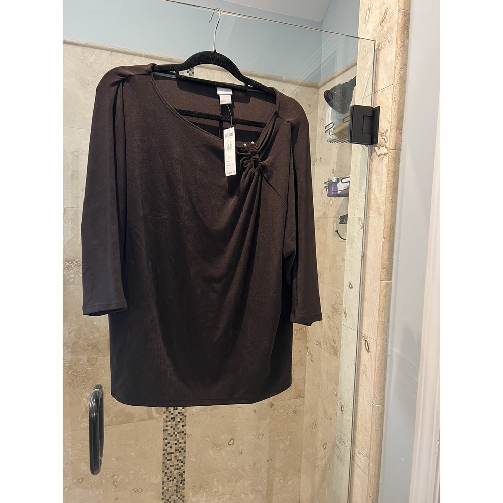 Chico's Travelers Brown Asymmetrical Neck Dolman Sleeve Stretchy Top Size 2 NEW